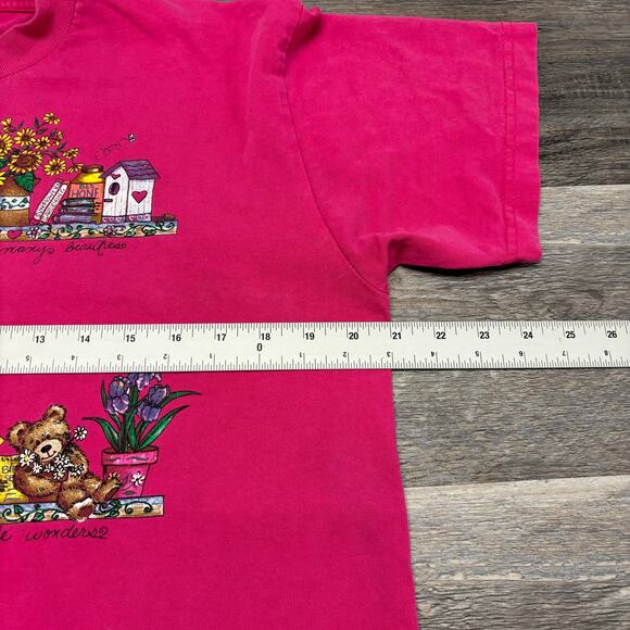 Vintage 90s Simply Basic Flower Garden Pink Womens L Cottagecore Grandma T-Shirt - Picture 11 of 13